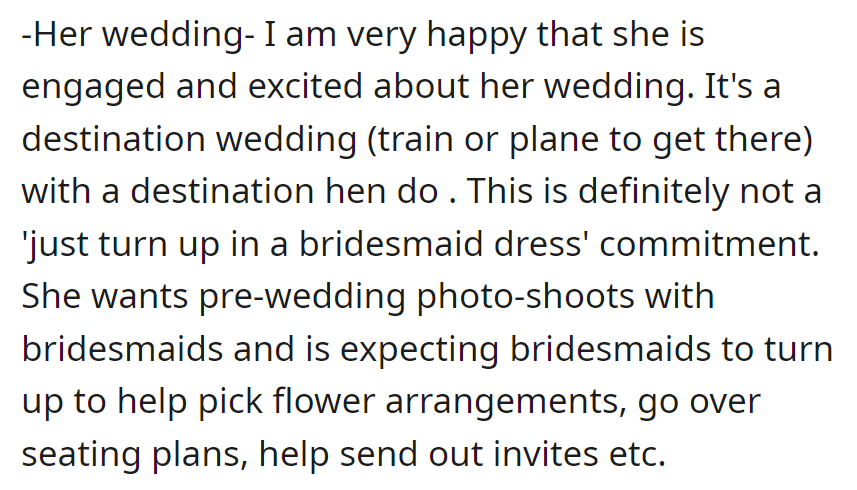 Excited about her destination wedding, which involves travel for a destination hen do. This is a serious commitment with pre-wedding tasks like photo shoots and planning.