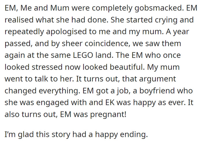 LEGO Land argument leads to EM's apology, transforming her life positively within a year, including a job, engagement, and a growing family.