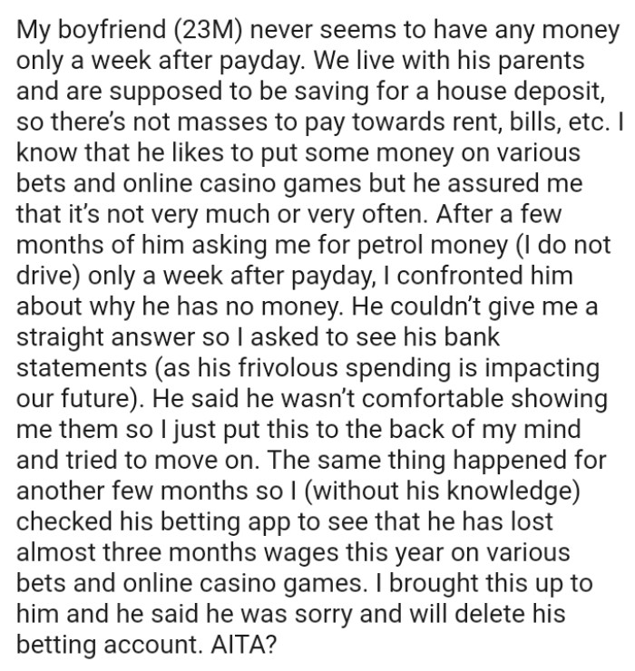 He couldn’t give the OP a straight answer, so she asked to see his bank statements