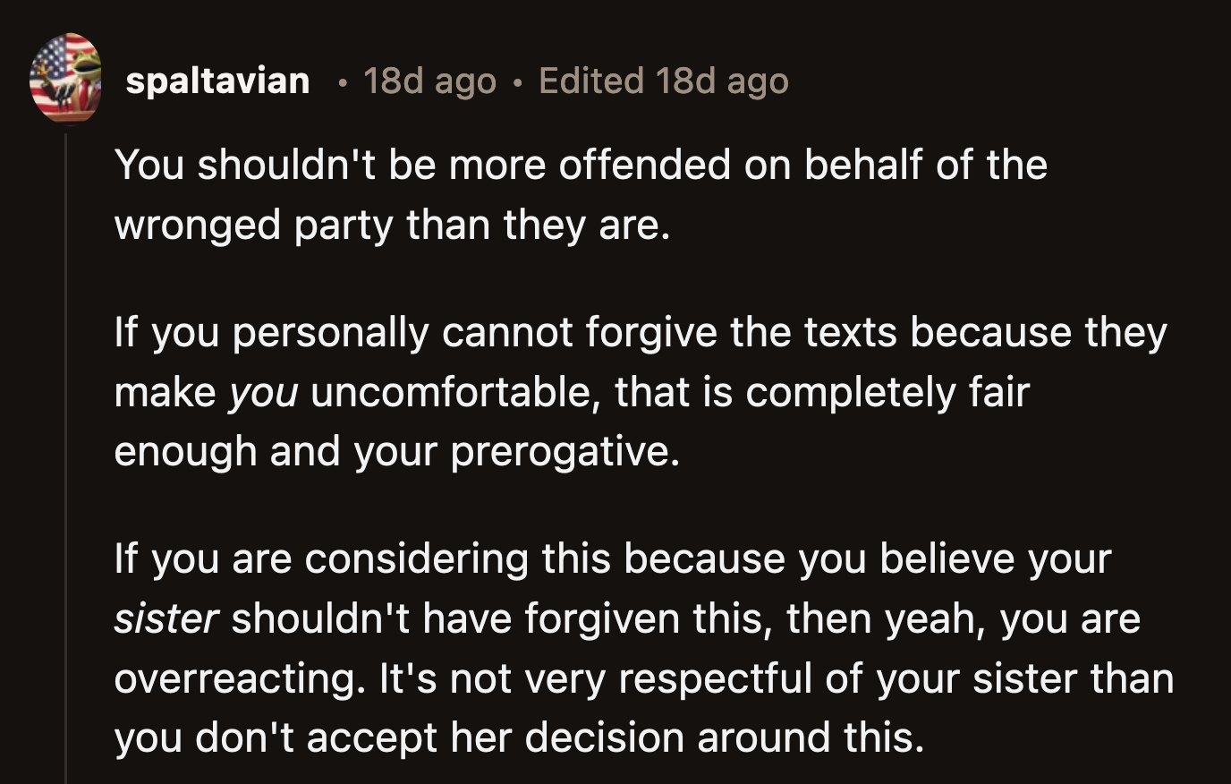 Why shouldn't OP be offended? Those messages that inappropriately described his body were sent to him by his older sister's future husband.