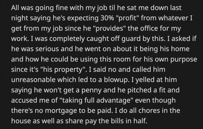 When she started using the spare room as an office, her husband suddenly spoke up about wanting a share of her money