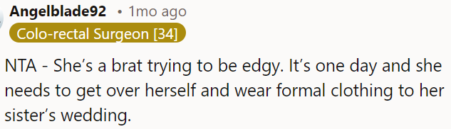 OP's sister is being unreasonable; it's just one day, and she should suck it up and dress appropriately for her sister's wedding.