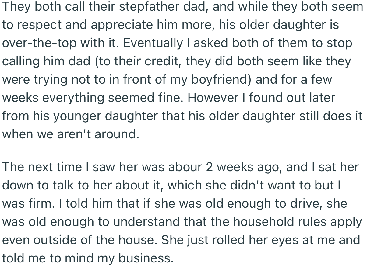 OP warned her boyfriend’s kids to reserve the ‘dad’ title for their biological dad, rather than their stepfather
