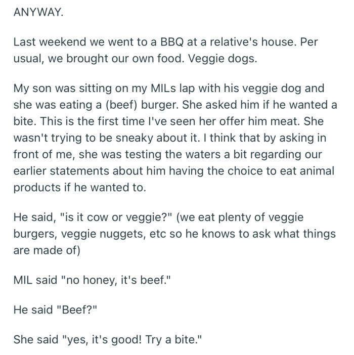 OP’s MIL offered the little boy a bite of her beef burger