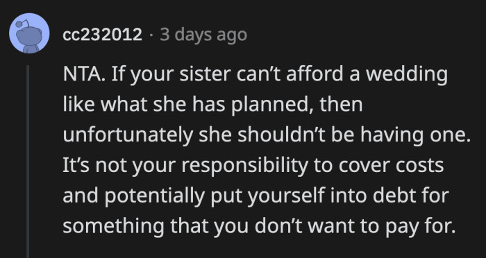 They need to downsize their event or postpone it until they can afford the wedding they want