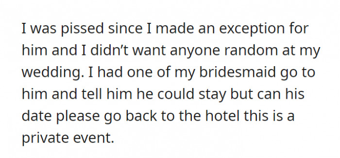 OP didn't want anyone random at their wedding and asked a bridesmaid to tell them that the stranger should go back to the hotel. The friend can stay, of course, but does this even matter?
