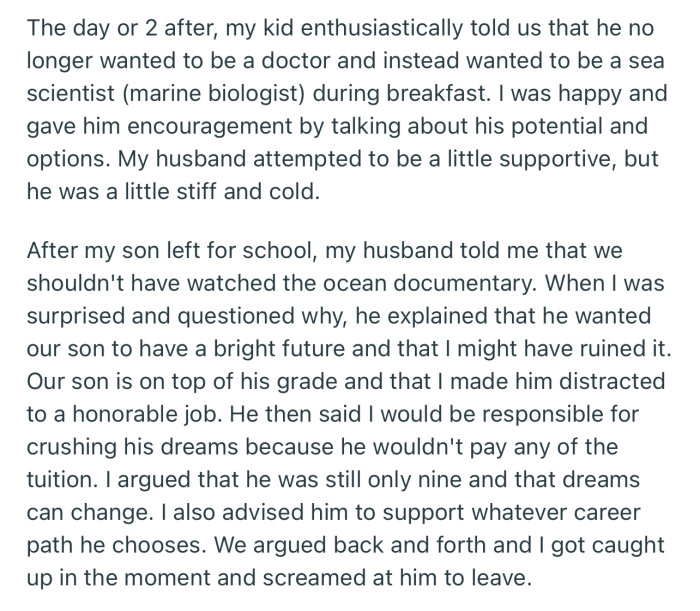 OP’s Son Announced That He Had Decided to Become a Marine Biologist Instead of a Doctor. This Caused OP’s Husband to Blame Her for Ruining His “Bright Future.”