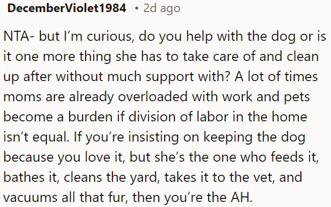 If OP insists on keeping the dog, but she does all the work, he is wrong.