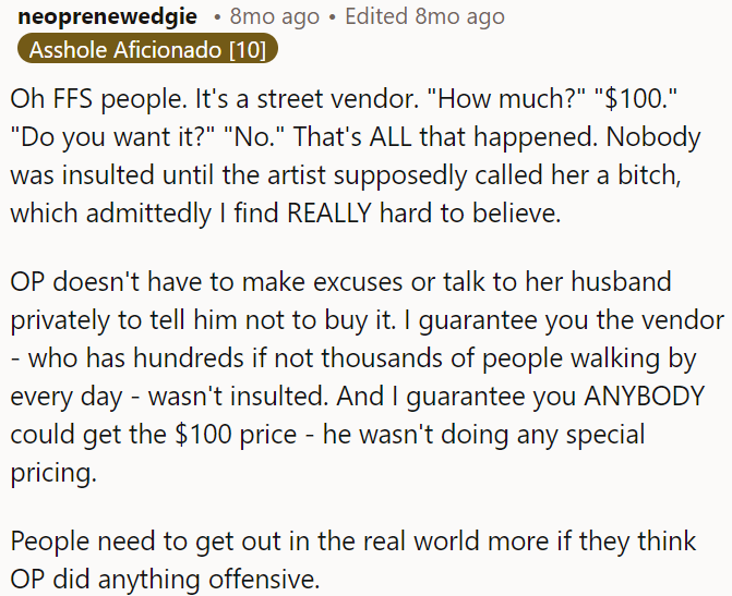 A vendor named their price, but the buyer said no; people need to get a reality check before getting upset about it.