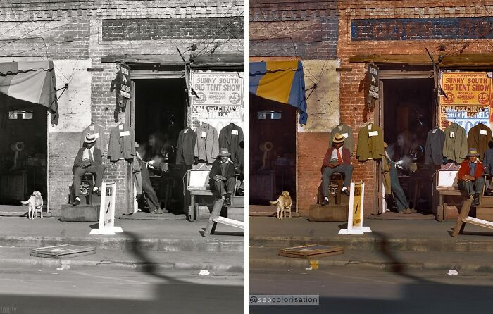 Sidewalk scene in Selma, Alabama. Photographed in December 1935 by Walker Evans.