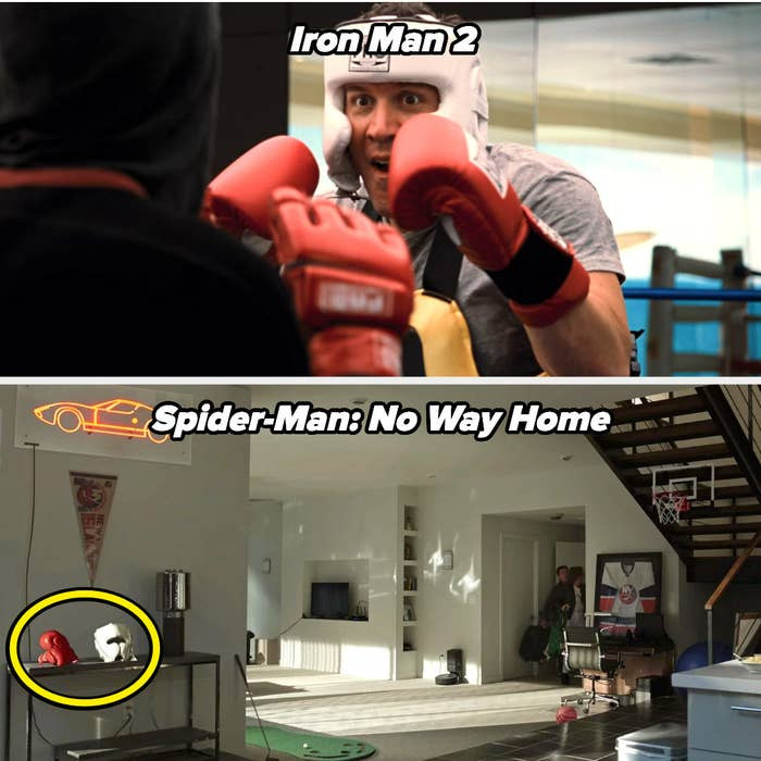 10. Happy Hogan has his boxing gear from 'Iron Man 2' on display at his home in 'Spider-Man: No Way Home'