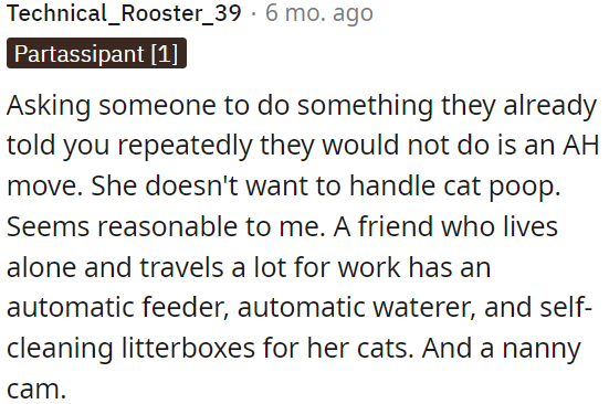It's not right to ask someone to do something they've repeatedly refused, like dealing with cat poop.