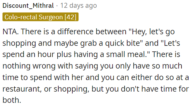 It's okay for OP to clarify that she only has time for either a quick meal or shopping, not both.