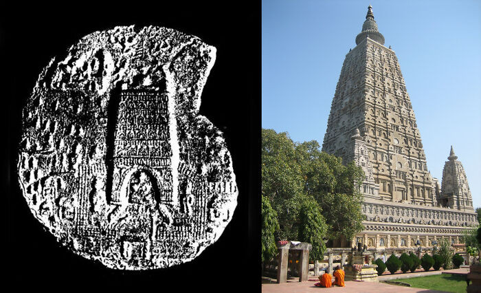 26. Mahabodhi Temple in Bodh Gaya, India: Second Century Plaque vs. A Recent Photo