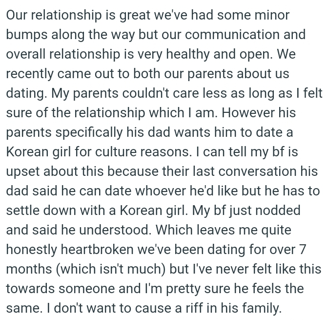 OP's parents couldn't care less as long as she felt sure of the relationship.