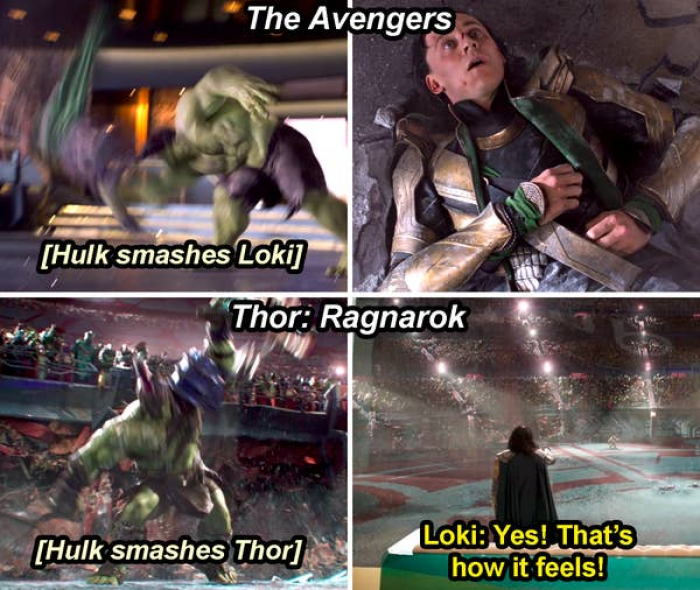 32. Loki cheers when Hulk smashes Thor in 'Thor: Ragnarok' like he was smashed in 'The Avengers'