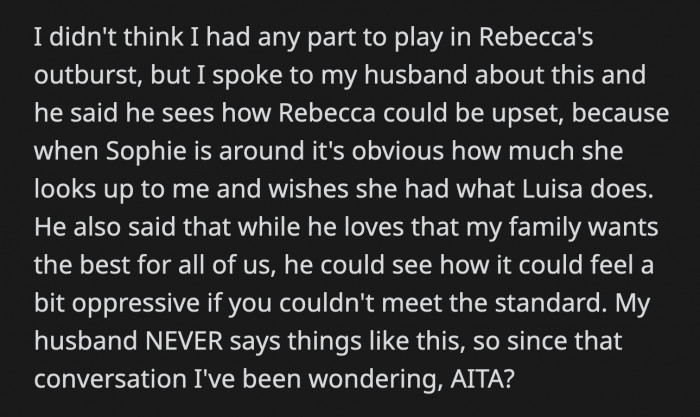 OP Spoke to Her Husband About It, and He Said He Can See Why Rebecca Reacted the Way She Did Because of How OP and Charlie's Family Equate Money with Success