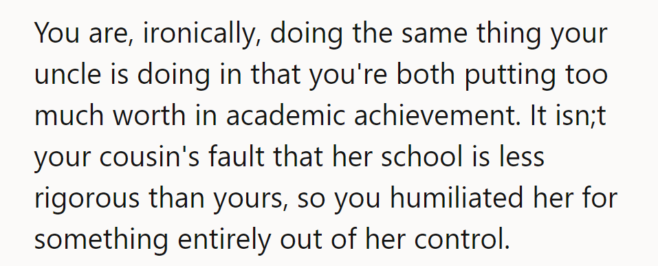 YTA. Humiliating his cousin over school standards? Not a good look.