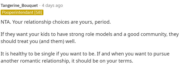 She has complete control over her life, and her family is going to have to deal with it.