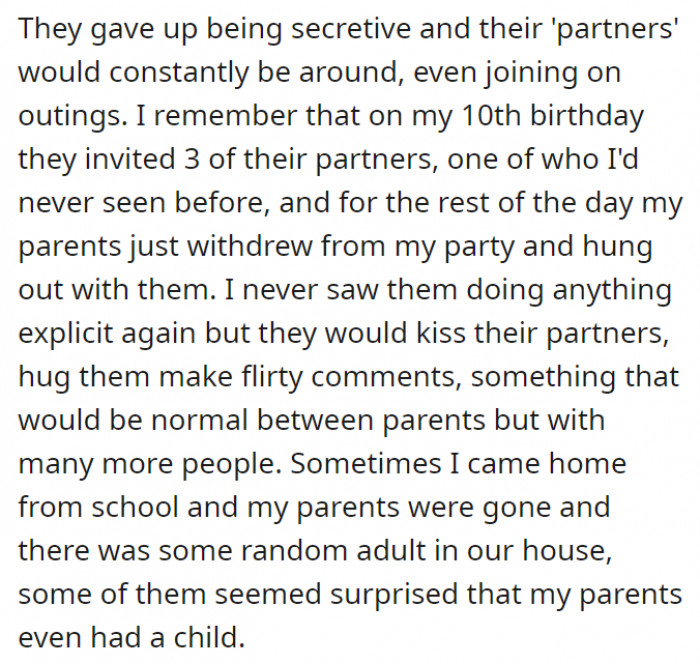 Eventually, however, OP’s parents were open about it—OP even met their partners on family outings and events (even on his birthday).