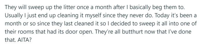 After Months of Complaining, OP Decided to Sweep All the Dirt into One of Their Rooms