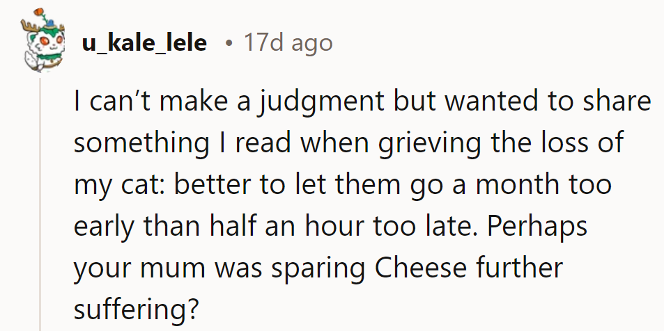 Perhaps His Mom Was Simply a Whisker Ahead of the Pain, Sparing Cheese's Ninth Life from Further Suffering.