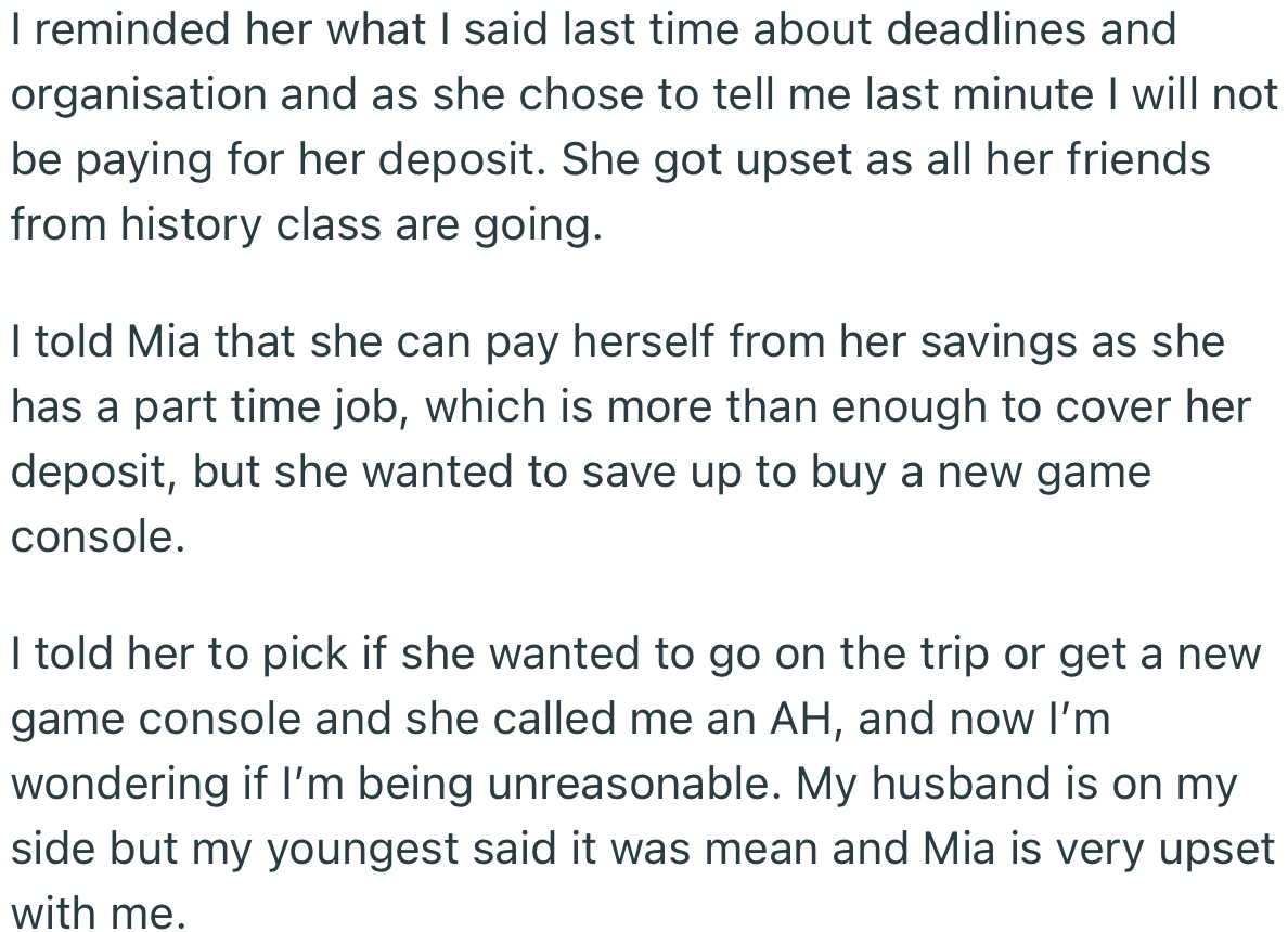 This time, OP bluntly refused and asked Mia to foot the bill from her savings