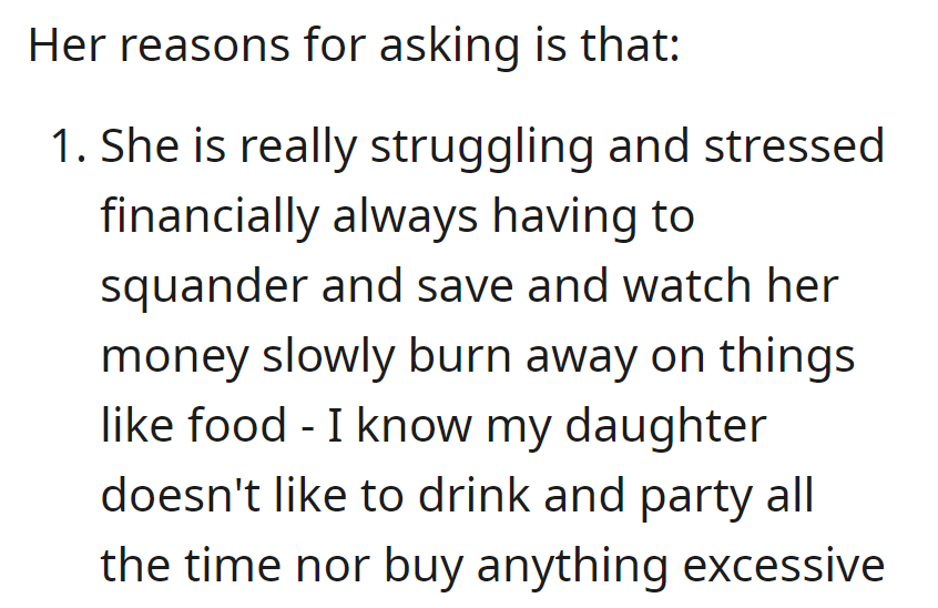 Chrissy is financially stressed, mainly using her money for essentials like food, but without excessive spending on parties or luxuries.
