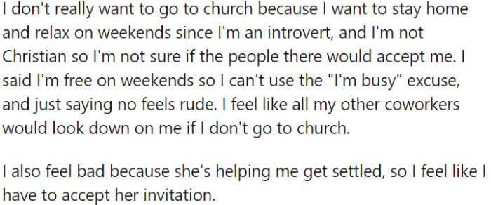 OP has fears of potential judgment from other coworkers if she decides not to go to church.