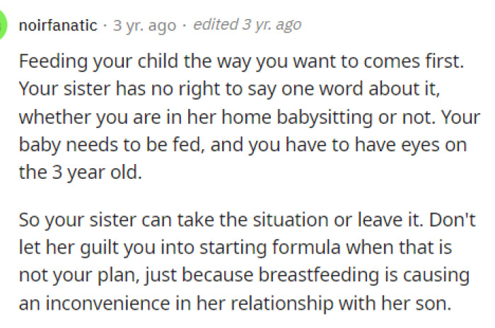 Asking her to even give formula to her daughter is completely out of line, and we're not even sure why she would feel entitled to suggest that.