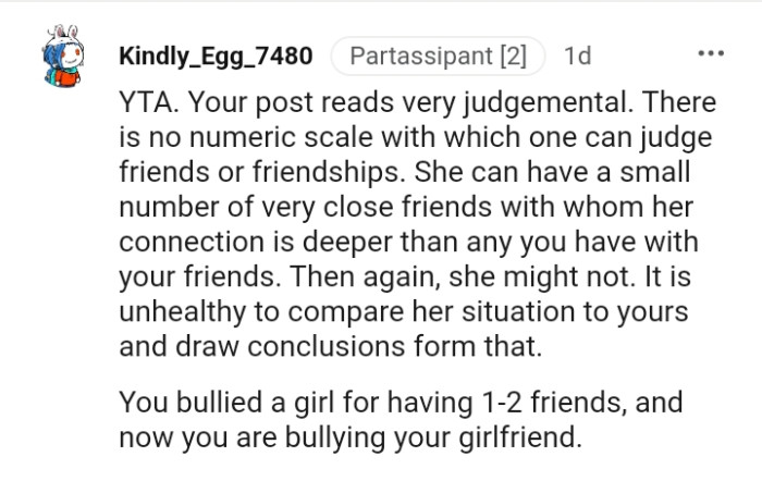 It is unhealthy to compare the girlfriend's situation to his