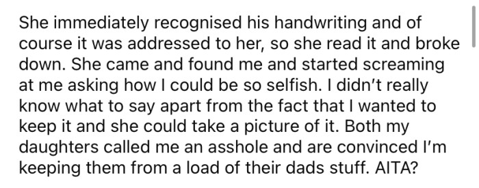 Of course, the OP's daughter was hurt that her mom had kept the letter from her. Now she's wondering if she's the a**hole here.