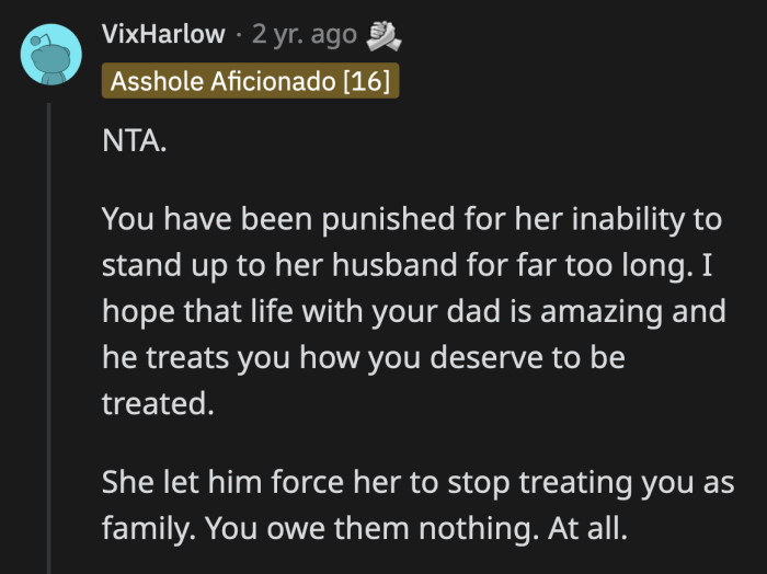 OP's mom should have been her shield, but she just allowed and participated in the shunning of OP.