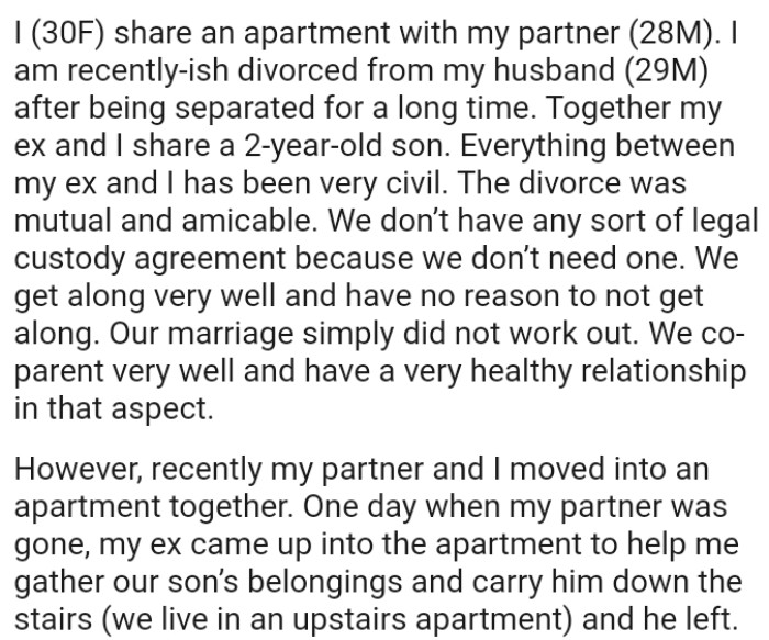 The OP and her ex don’t have any sort of legal custody agreement because they don’t need one