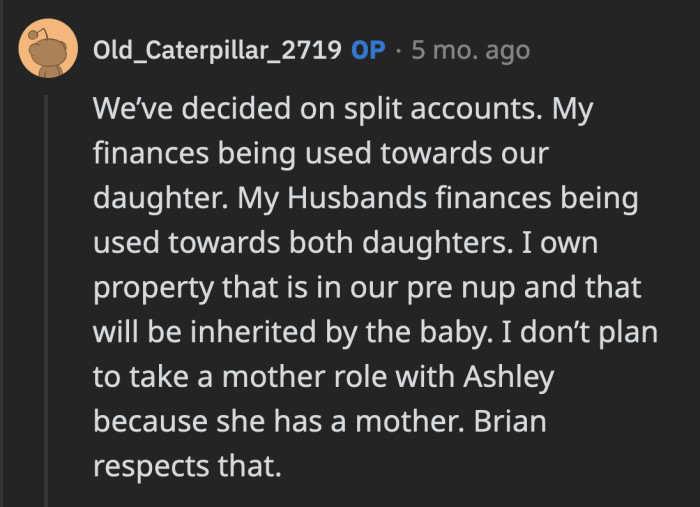 OP and Brian also have an agreement that she will not be taking on a motherly role toward Ashley