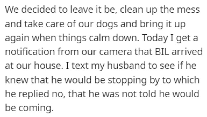 The couple decided to let it go, but the brother-in-law showed up at their house again