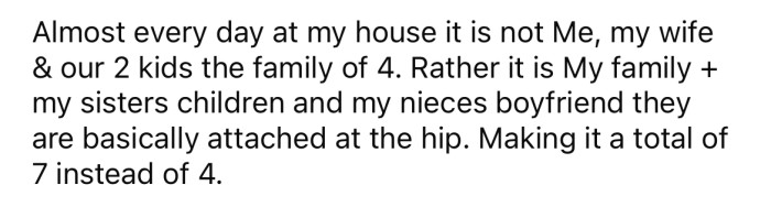 The Redditor says his sister is at his house almost every day with her two kids and her eldest daughter's boyfriend.