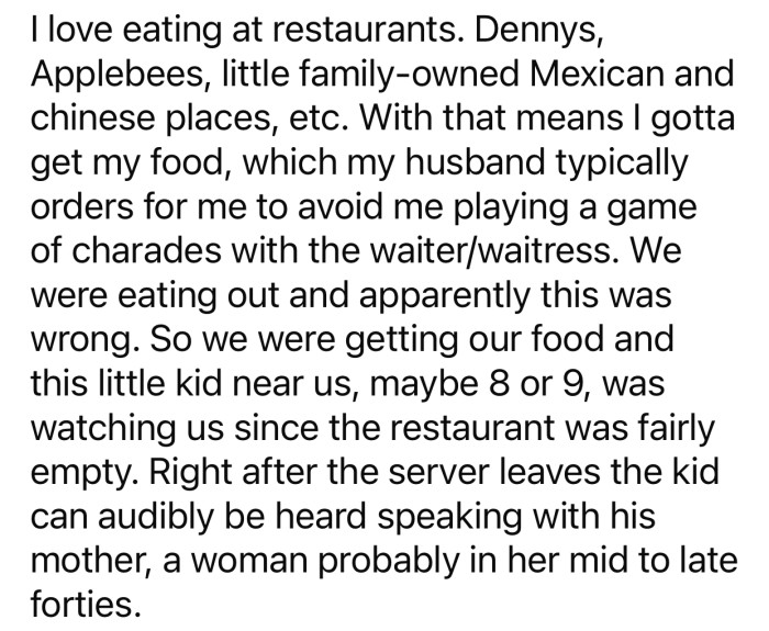 OP avoids struggling while ordering by having her husband do it for her.