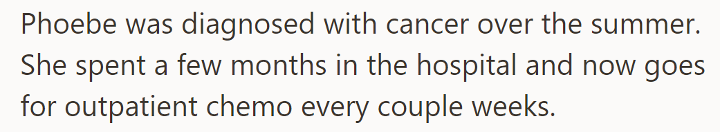 Phoebe is diagnosed with cancer and is now on outpatient chemotherapy every few weeks after a hospital stay.