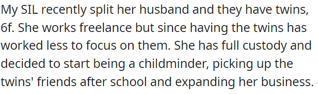 OP's SIL used to freelance but reduced work after divorce to spend more time with her twins, now starting a childminding business by picking up twins' friends after school.