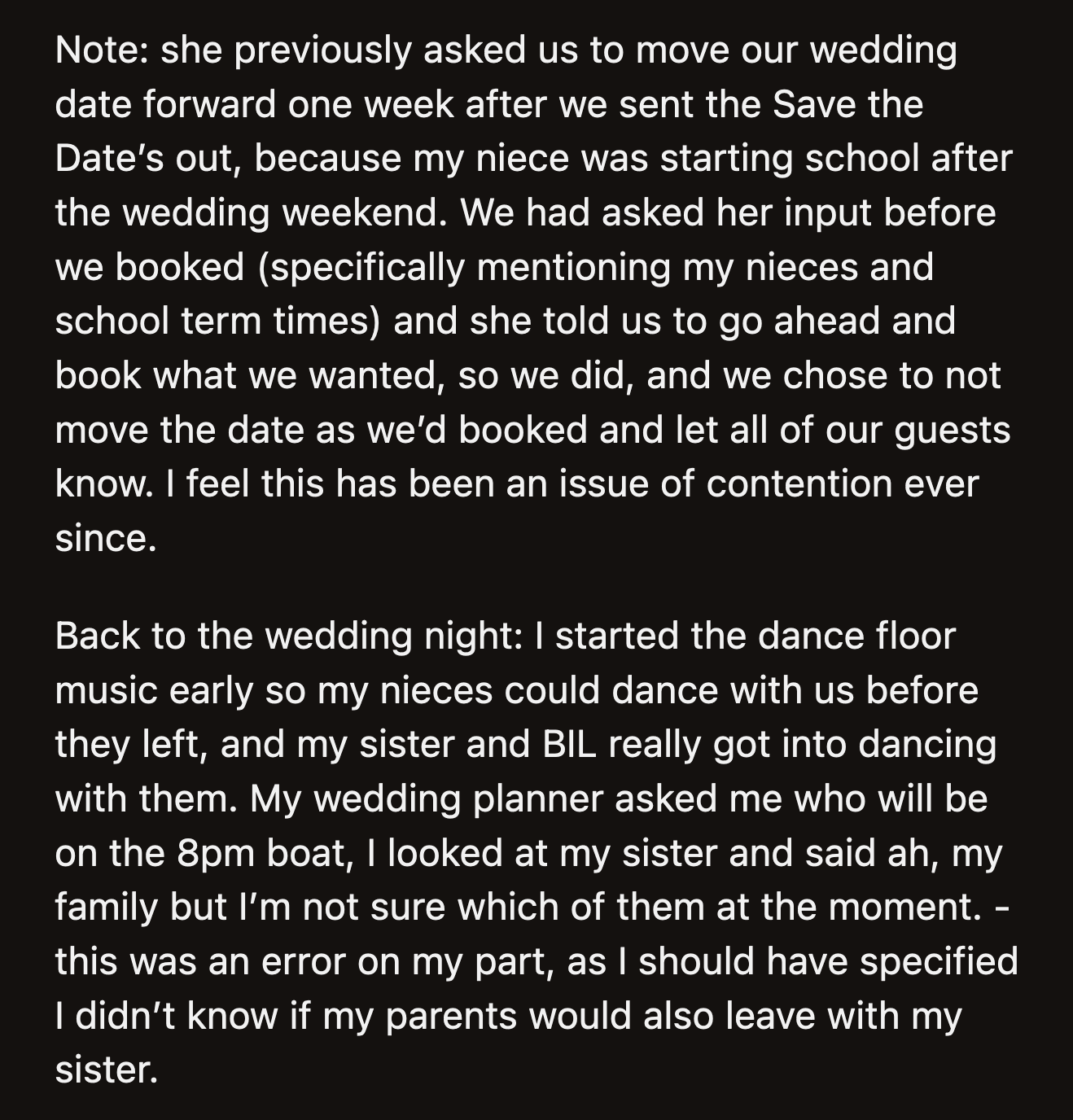 OP spoke to her distressed wedding planner, who was calling every boat company to arrange last-minute transport for her sister's family.