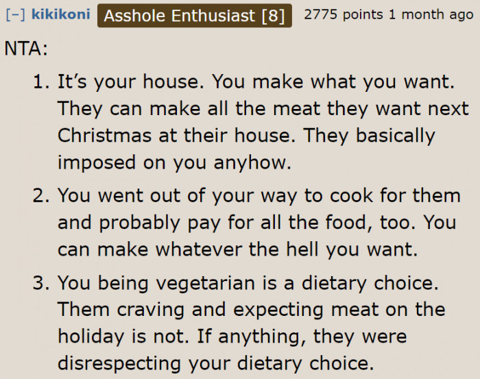 The OP is the host. She gets to decide what's on her menu.