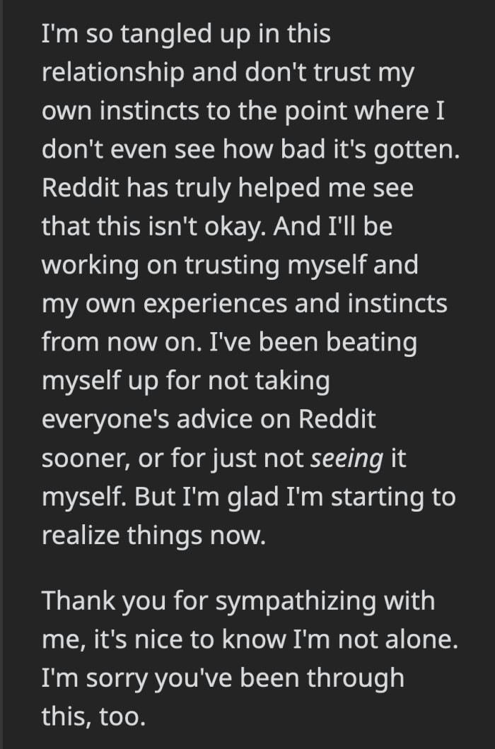 Her boyfriend was such a convincing manipulator that OP believed she was wrong to feel things.