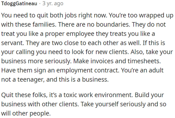 OP should quit her current job and seek new clients.