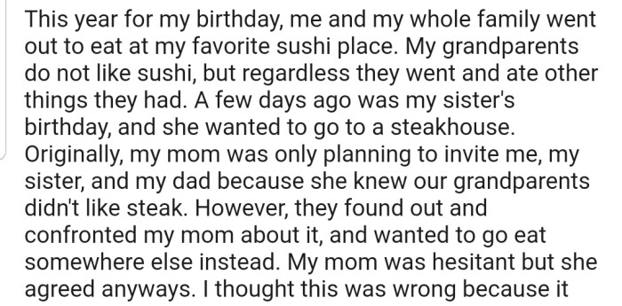 OP's Grandparents Attended Their Birthday Celebration Even Though They Didn't Like the Restaurant, But They're Refusing to Do the Same for Their Half-Sister