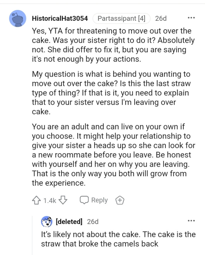 This Redditor wants to know what is behind the OP moving out over a cake