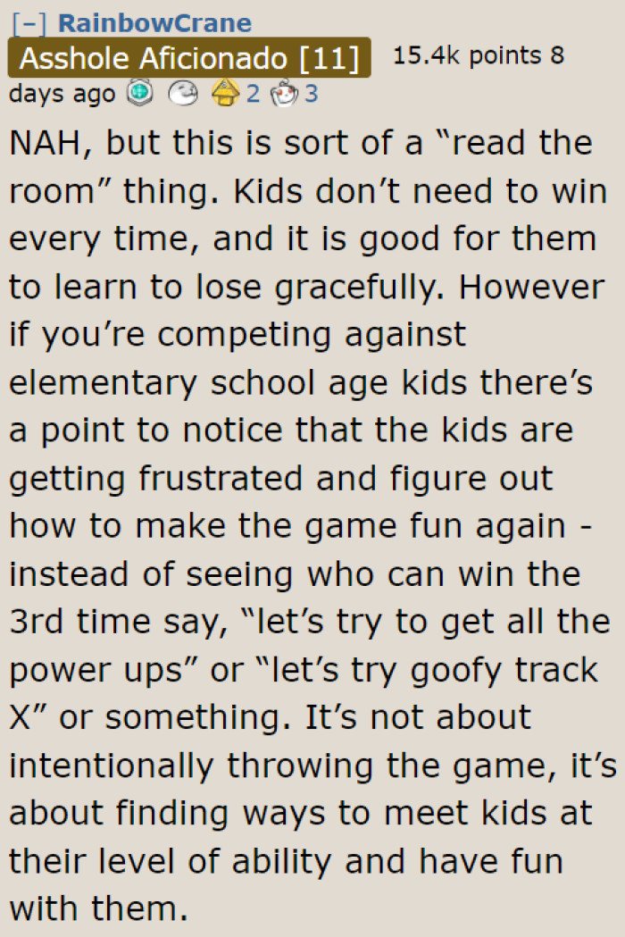 It's the responsibility of the older kid to make the game fun for everyone.