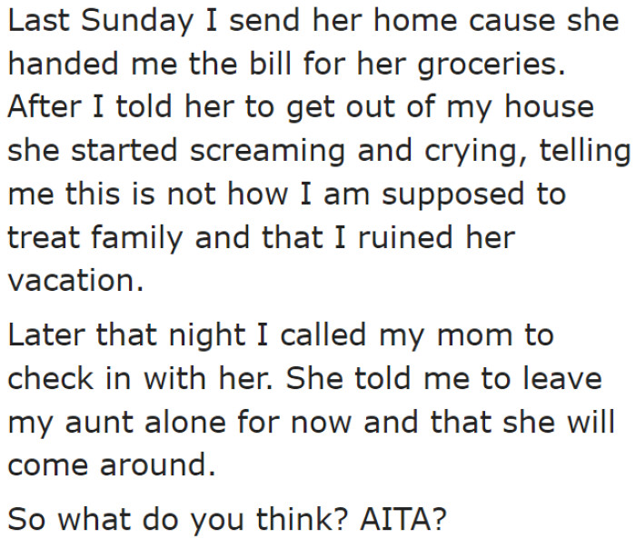 The aunt wants the OP to do everything for her—including paying for the groceries. The OP kicked her aunt out in the end.