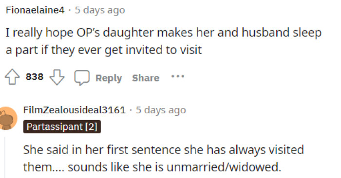 The assumptions of OP start now and people are already assuming that she's single if she went to the daughter's place every time.