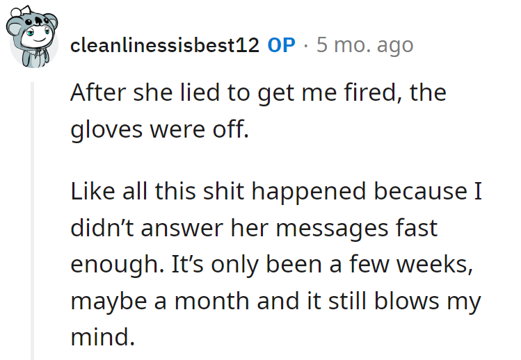 Gloves off after her fiction. Drama over a delayed text—mind still recovering, weeks later.